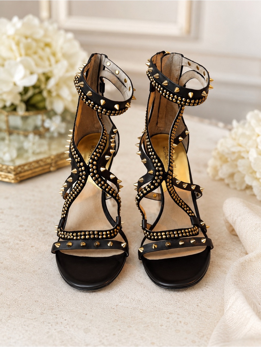 Stunning Michael Kors Brown Studded Crystal Leather Heels Sandals 8.5M (NWOB)